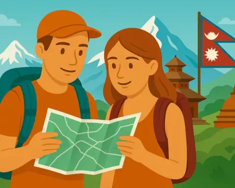 Pareja disfruta de cobertura móvil en Nepal.