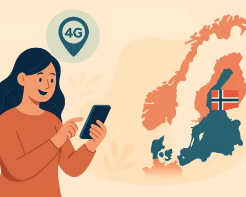 Una mujer mira su smartphone junto a un mapa de Europa que resalta Noruega en azul oscuro porque puede utilizar el roaming.