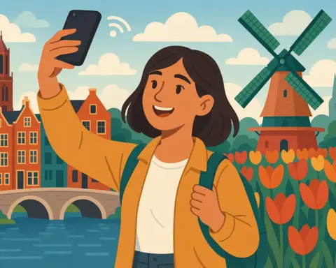 Viajera haciéndose un selfie con el móvil en un paisaje de Países Bajos, con tulipanes, molinos y casas típicas al fondo.