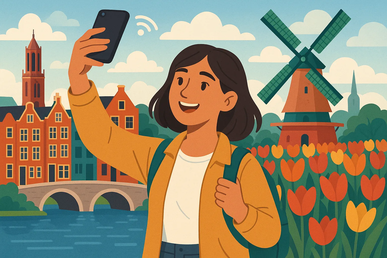 Viajera haciéndose un selfie con el móvil en un paisaje de Países Bajos, con tulipanes, molinos y casas típicas al fondo.