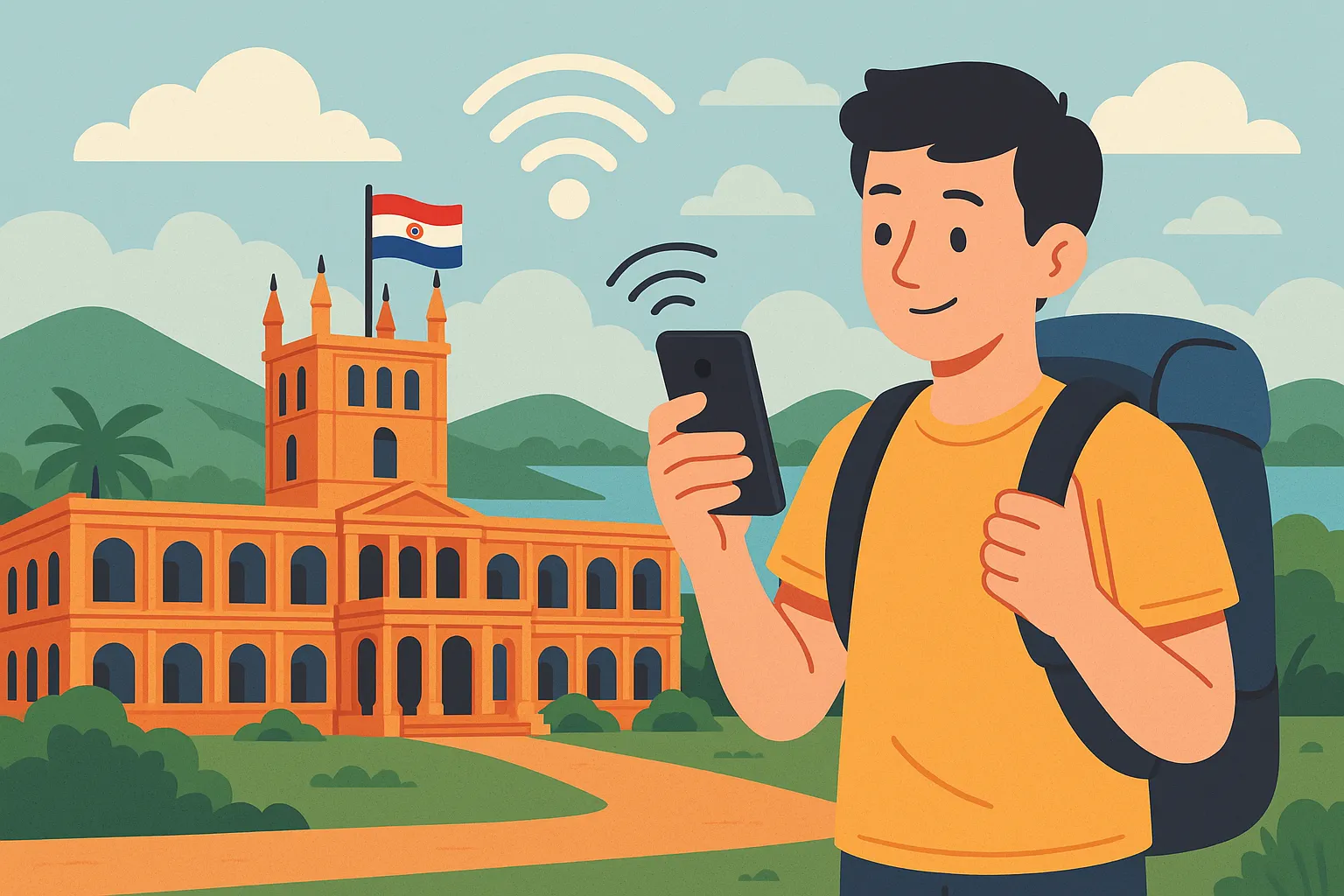 Turista con mochila usando el móvil con señal activa frente al Palacio de los López y la bandera de Paraguay.
