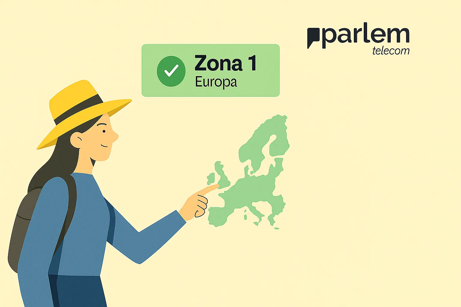 Mujer señalando un mapa de Europa con texto "Zona 1 Europa", y logo de Parlem Telecom.