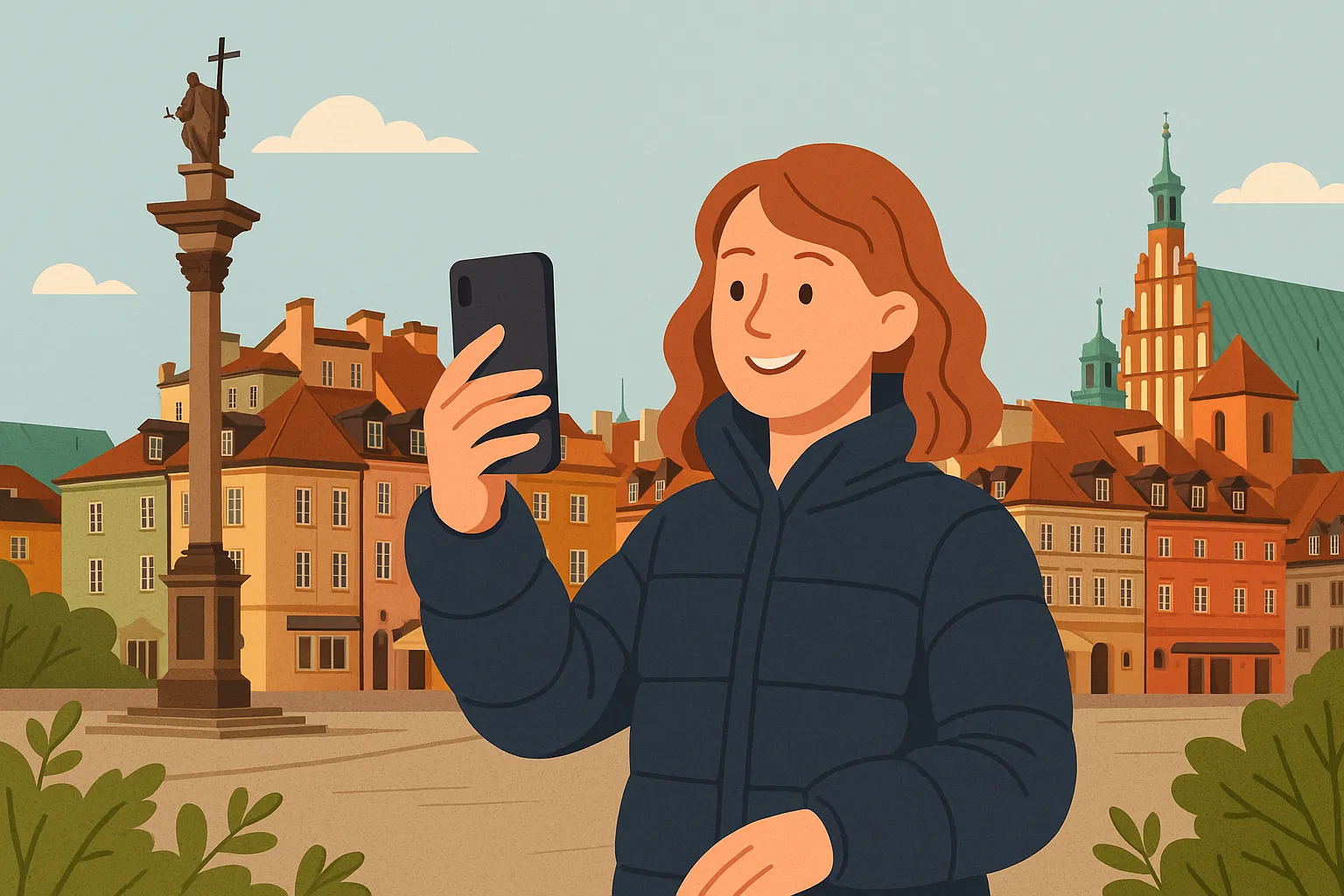 Turista sostiene móvil en la Plaza del Castillo de Varsovia; al fondo la columna de Segismundo, representando la comodidad del roaming en Polonia.