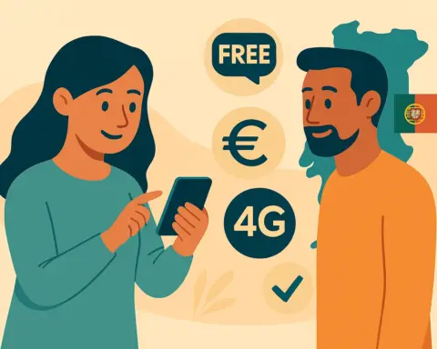 Mujer y hombre consultan su móvil frente a la silueta de un mapa y de la bandera lusa, representando el roaming en Portugal.