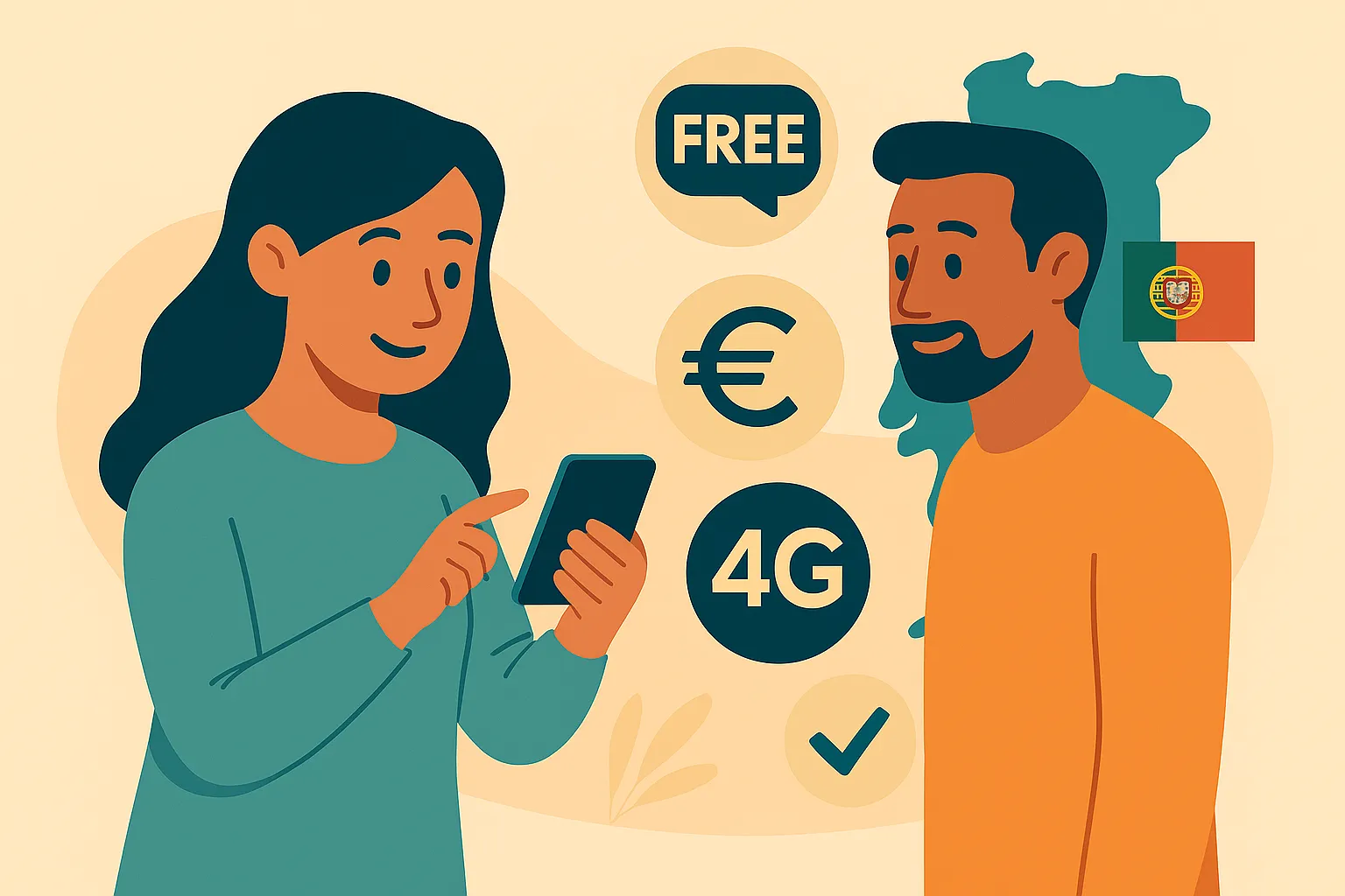 Mujer y hombre consultan su móvil frente a la silueta de un mapa y de la bandera lusa, representando el roaming en Portugal.