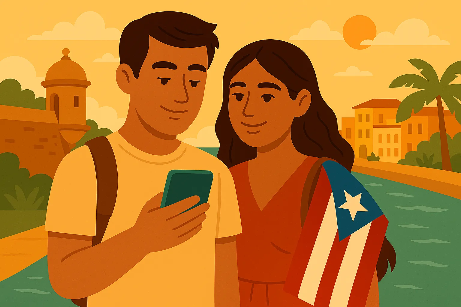 Pareja disfruta de cobertura en su móvil en Puerto Rico.