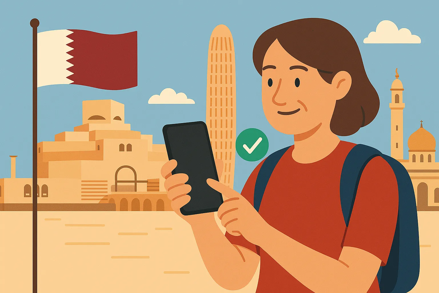 Mujer conectada a internet gracias a las alternativas al roaming en Qatar, frente al Museo de Arte Islámico, la torre Burj Qatar y una mezquita.