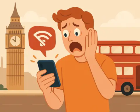 Hombre mira asustado su smartphone porque está sin conexión Wi-Fi y no puede utilizar los datos como en España.