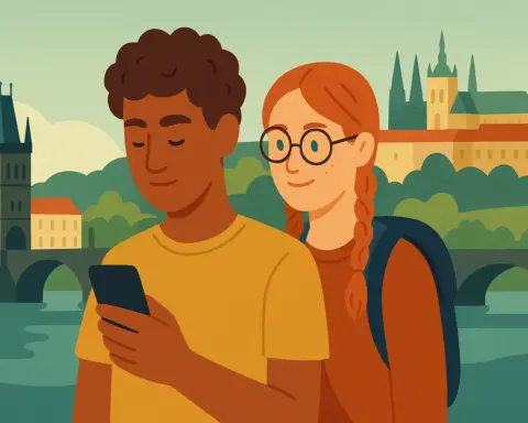 Pareja consulta móvil en roaming junto al puente de Carlos y el castillo de Praga, República Checa.