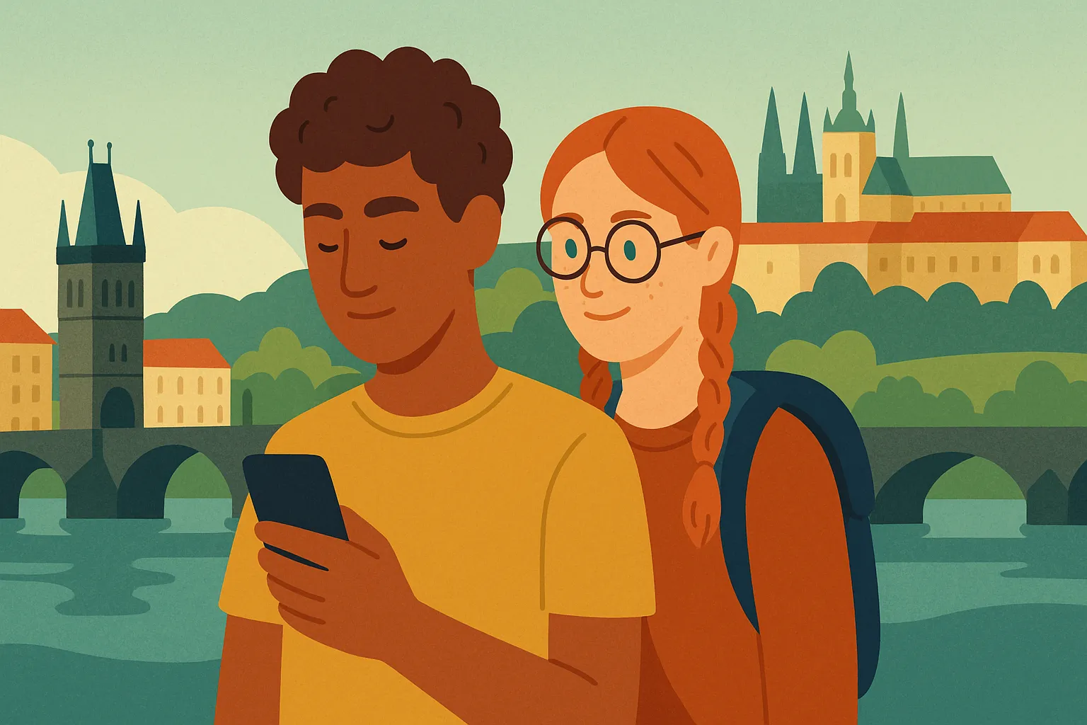 Pareja consulta móvil en roaming junto al puente de Carlos y el castillo de Praga, República Checa.