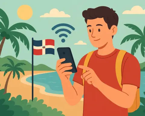 Turista usando el móvil con conexión activa en una playa de República Dominicana, rodeado de palmeras y con la bandera nacional al fondo.