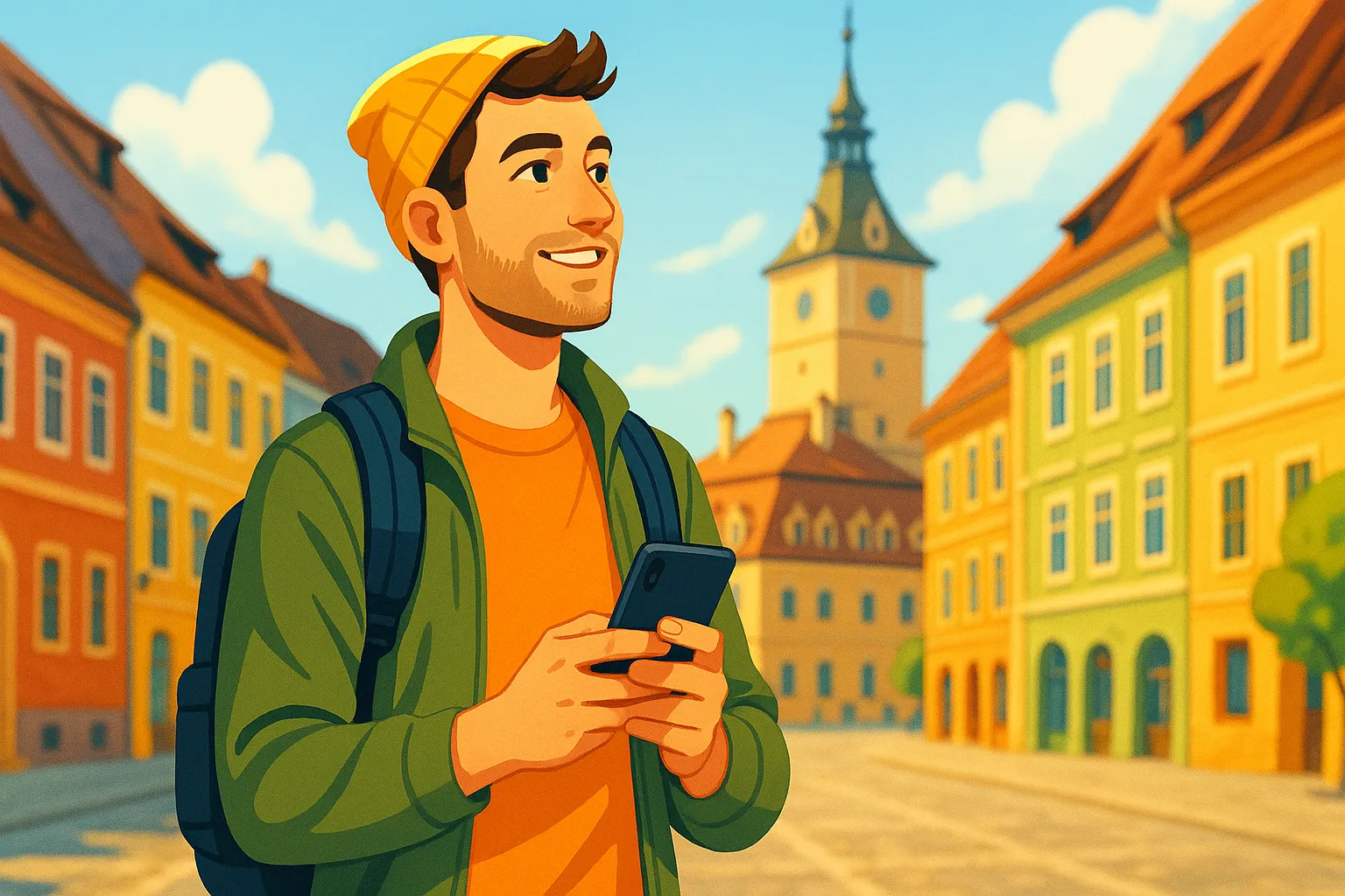 Hombre joven consultando su móvil en una ciudad europea, con arquitectura colorida típica de Rumanía.