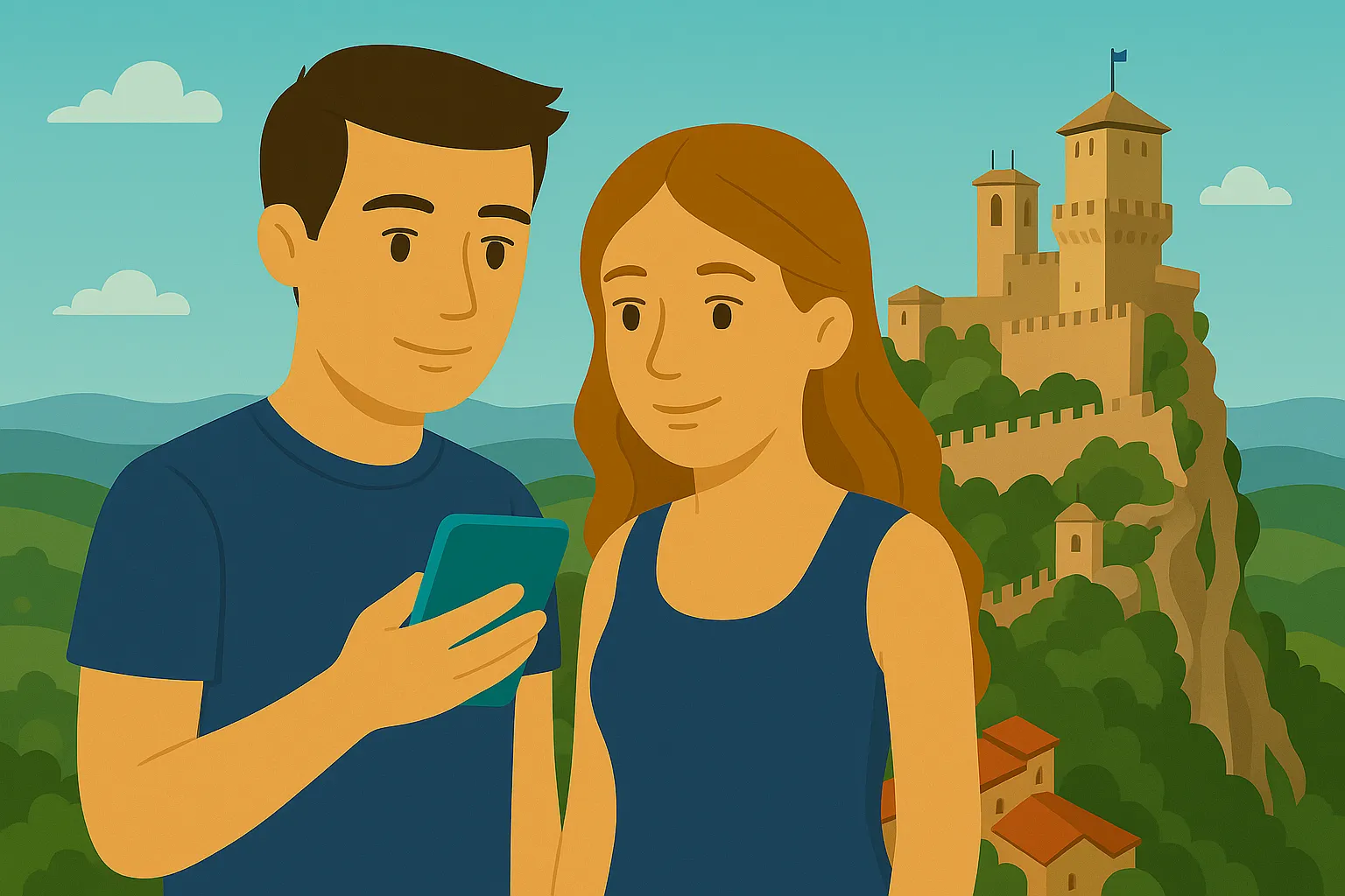 Pareja disfruta de cobertura móvil en San Marino.