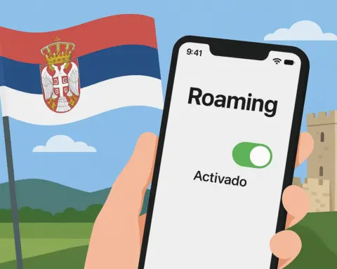 Roaming activado en móvil con bandera de Serbia y fortaleza al fondo