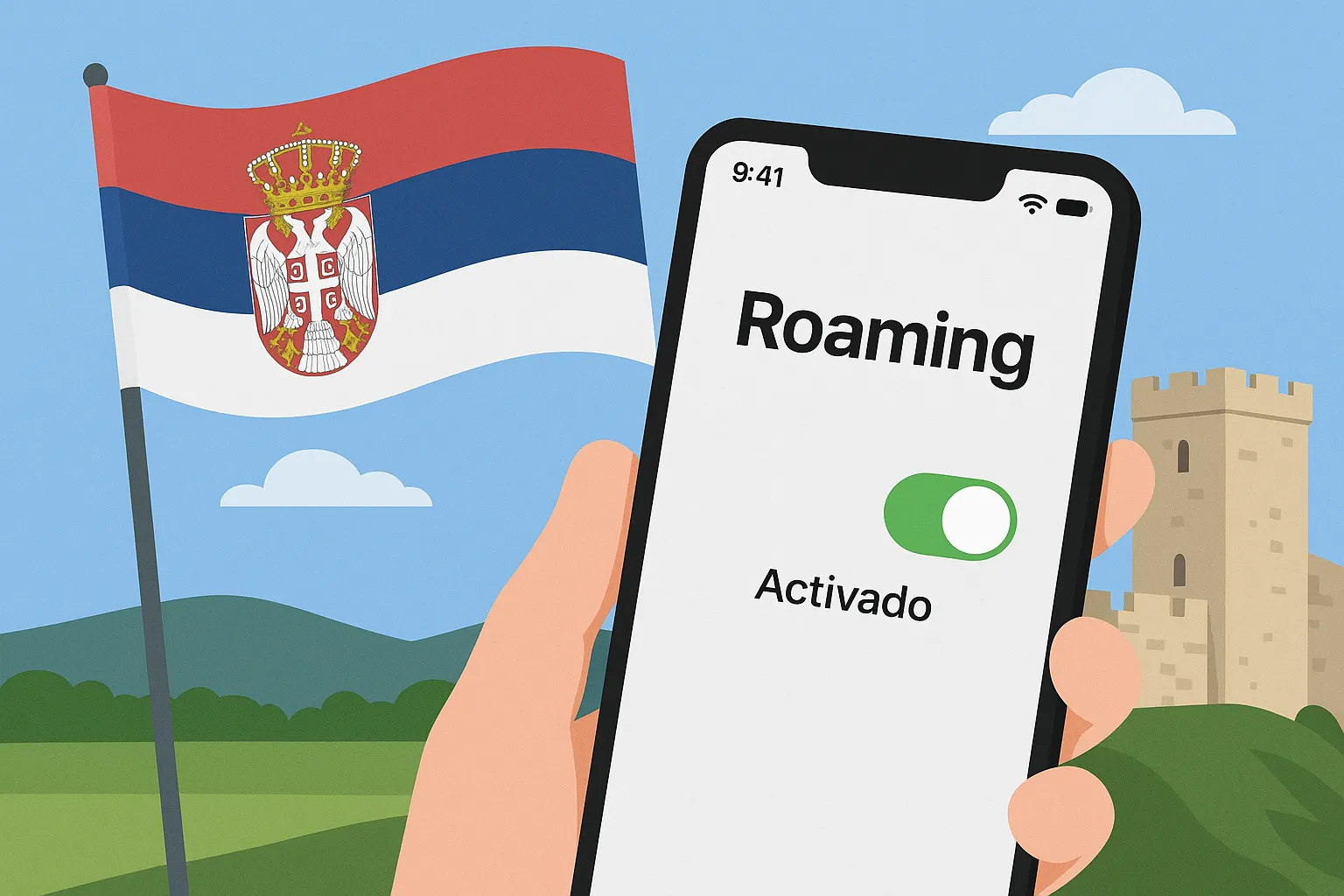 Roaming activado en móvil con bandera de Serbia y fortaleza al fondo