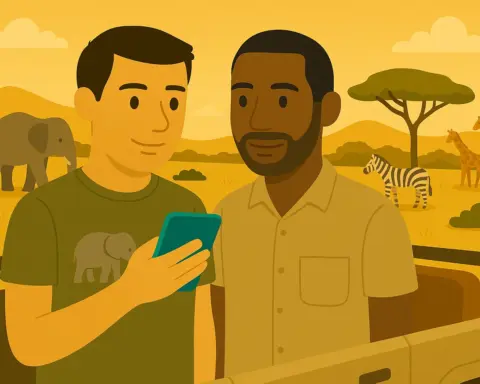 Pareja disfruta de cobertura móvil en Sudáfrica durante un Safari.