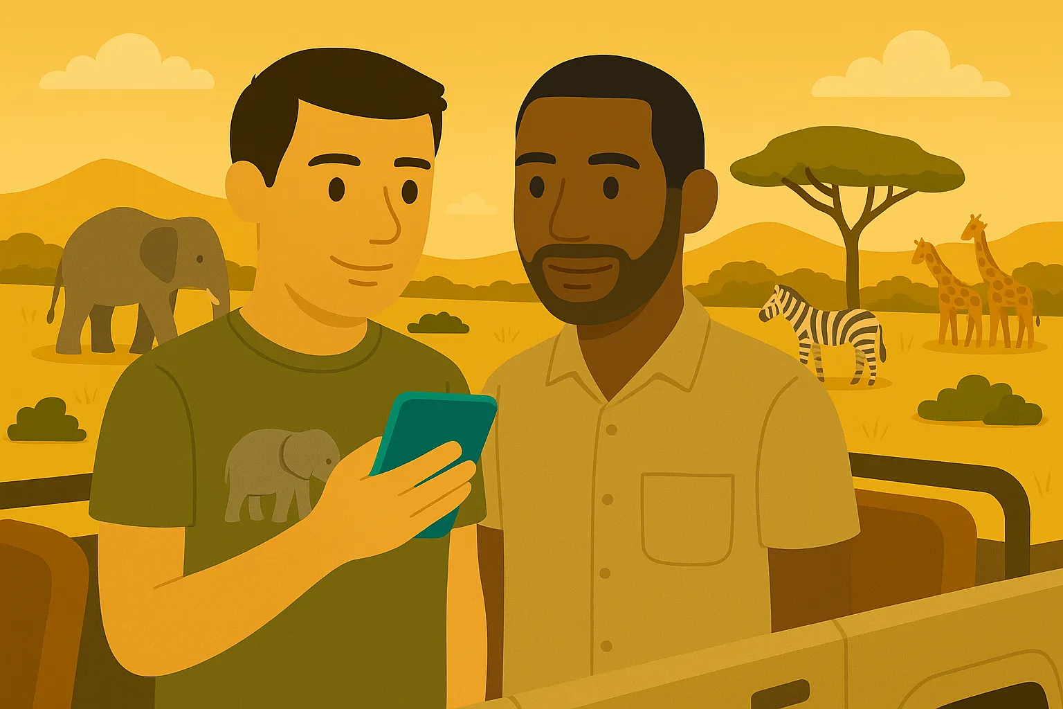 Pareja disfruta de cobertura móvil en Sudáfrica durante un Safari.