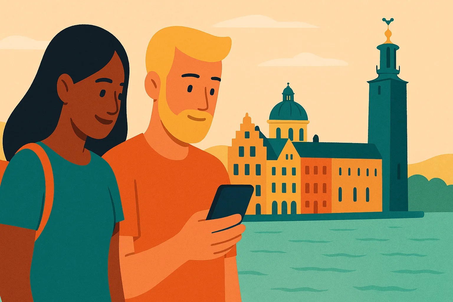 Ilustración de una pareja usando móvil en roaming junto al Ayuntamiento y coloridas fachadas de Estocolmo, representando el roaming en Suecia.