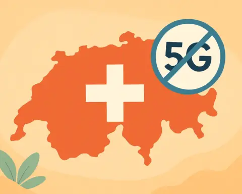 Silueta del mapa de Suiza con un círculo que muestra el icono “5G” tachado en azul oscuro porque no hay roaming como en la UE.