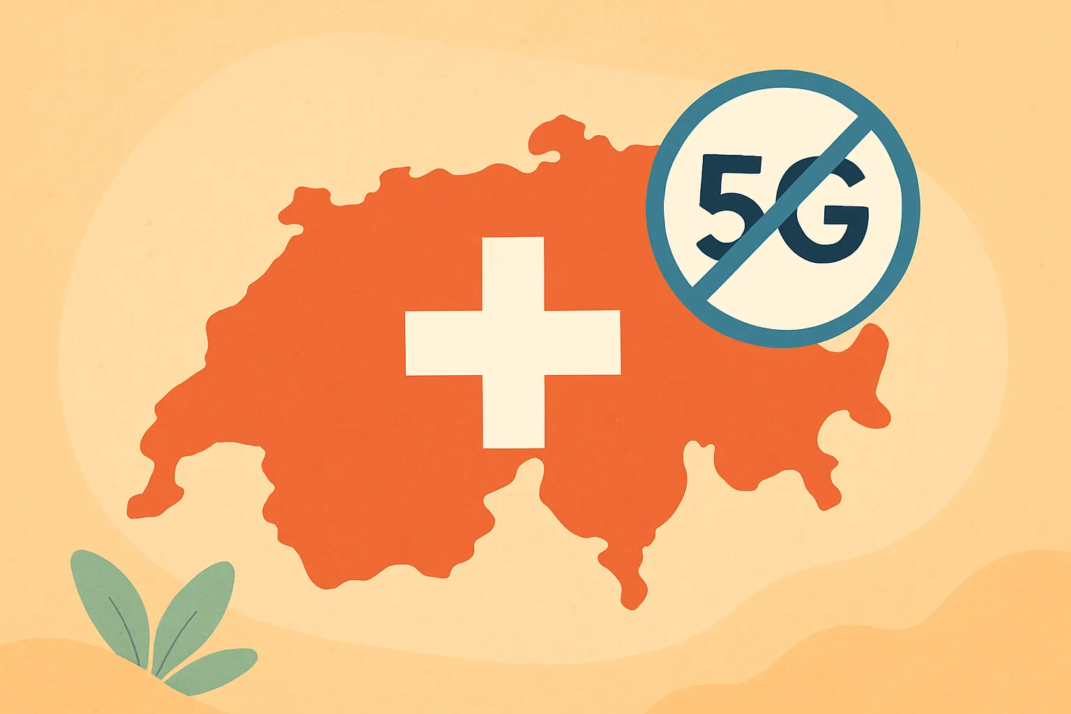 Silueta del mapa de Suiza con un círculo que muestra el icono “5G” tachado en azul oscuro porque no hay roaming como en la UE.