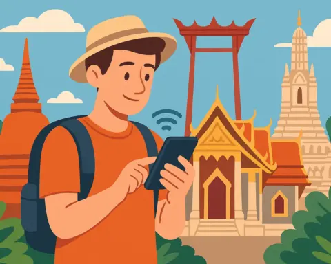 Turista con sombrero usando el móvil con conexión activa frente a templos tradicionales en Tailandia, rodeado de vegetación y arquitectura típica.