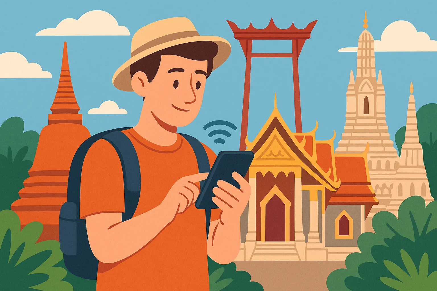 Turista con sombrero usando el móvil con conexión activa frente a templos tradicionales en Tailandia, rodeado de vegetación y arquitectura típica.