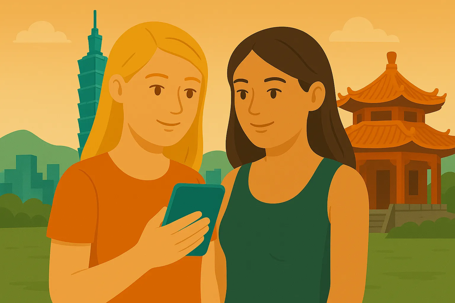 Pareja disfruta de cobertura móvil en Taiwan.