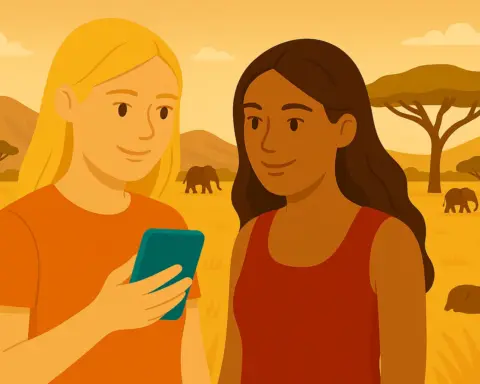 Pareja disfruta de cobertura móvil en Tanzania mientras hace un safari.