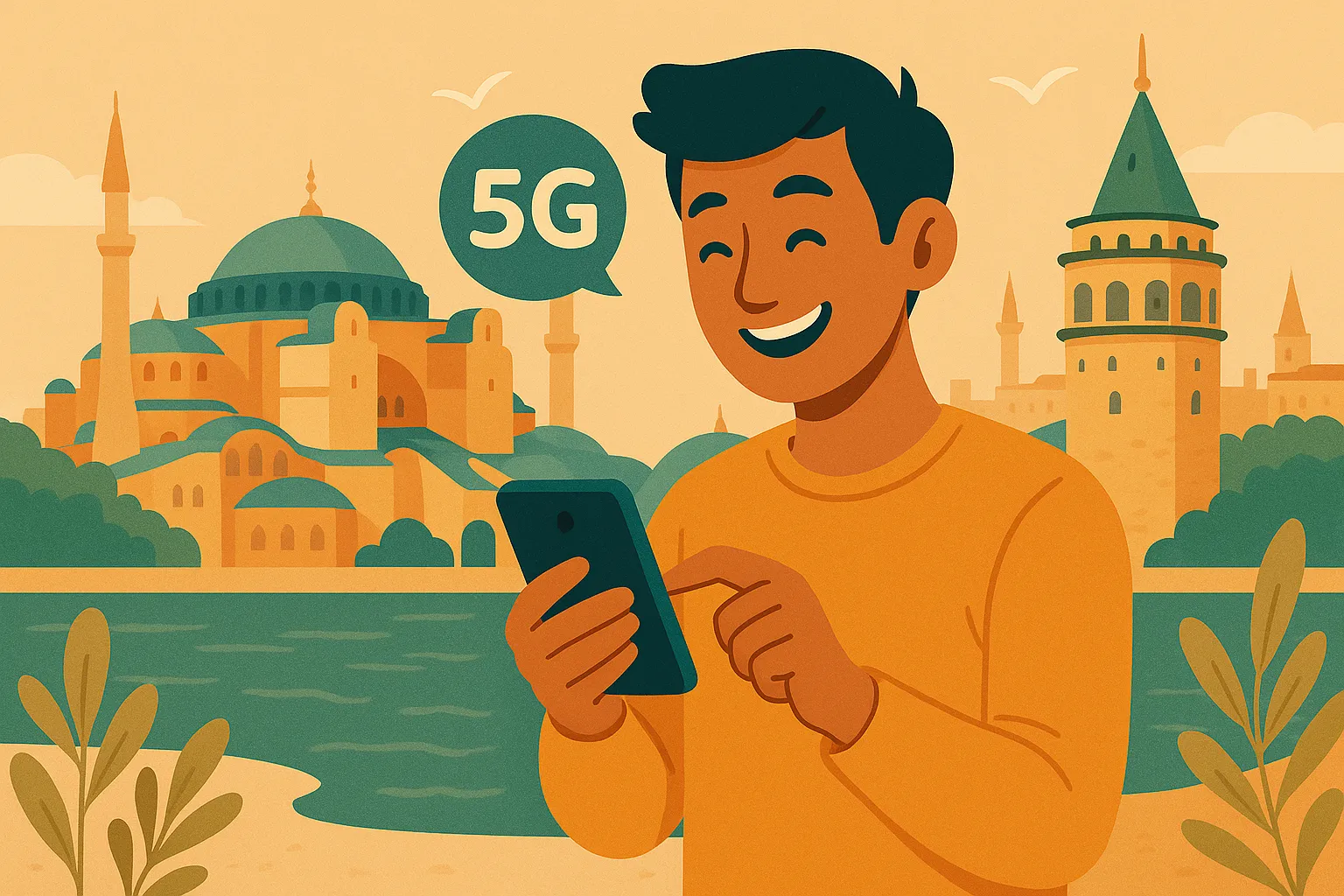 Hombre sonriente usa móvil en roaming 5G ante Santa Sofía y la torre Gálata junto al Bósforo, Turquía