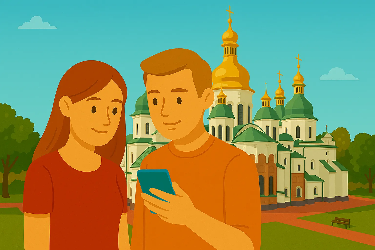 Pareja disfruta de cobertura móvil en Ucrania.