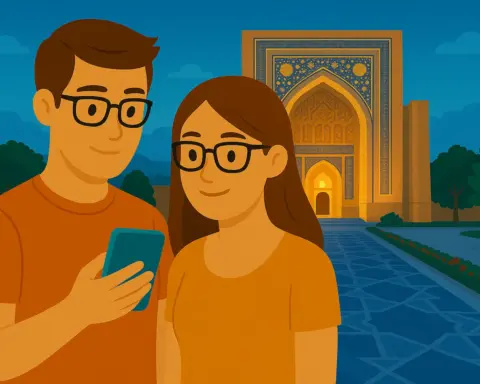 Pareja disfruta de cobertura móvil en Uzbekistán.