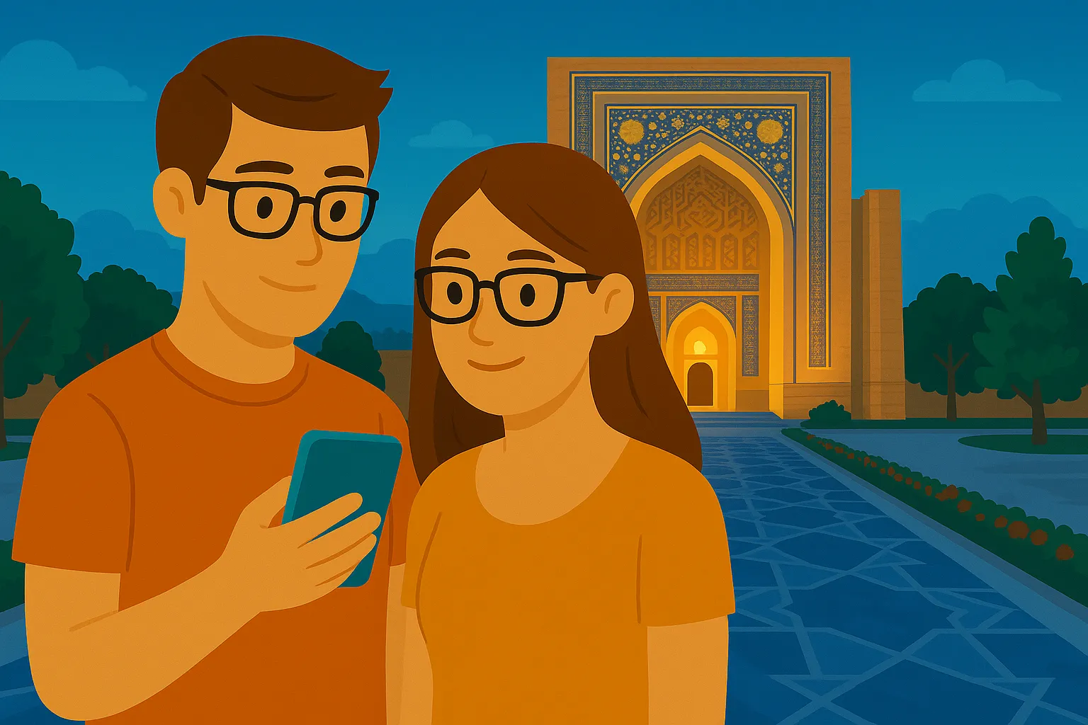 Pareja disfruta de cobertura móvil en Uzbekistán.