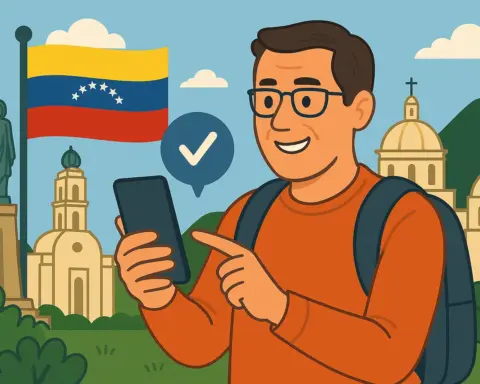 Viajero usando su móvil con conexión activa en Venezuela pero no por roaming, frente a la bandera venezolana y una iglesia colonial.