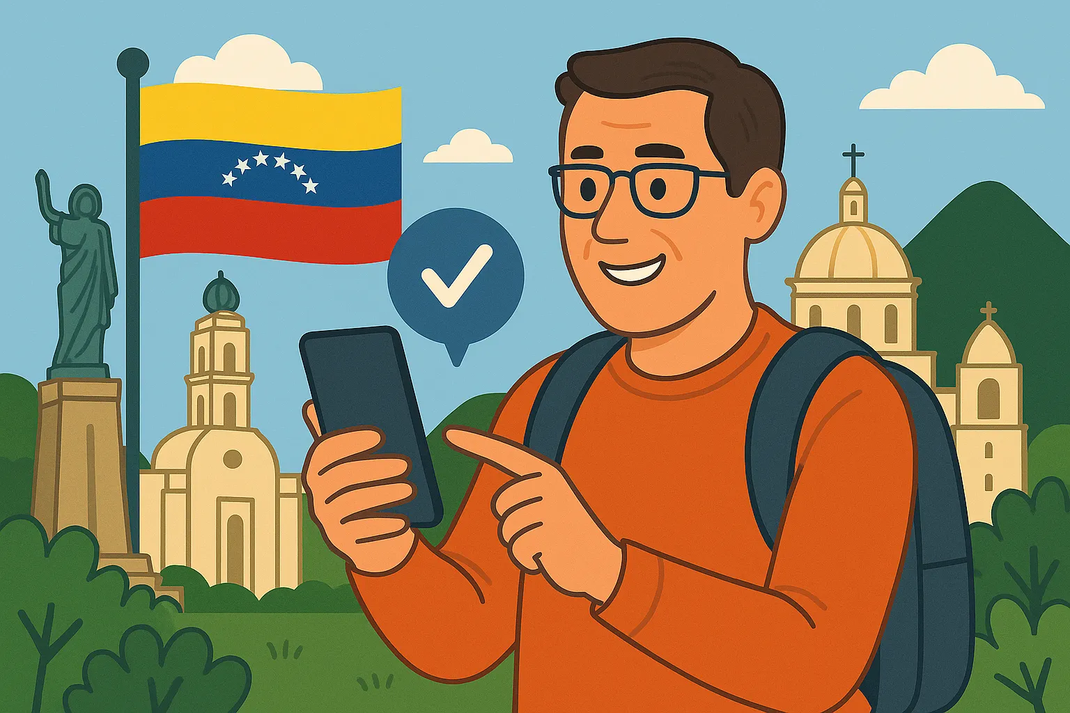 Viajero usando su móvil con conexión activa en Venezuela pero no por roaming, frente a la bandera venezolana y una iglesia colonial.