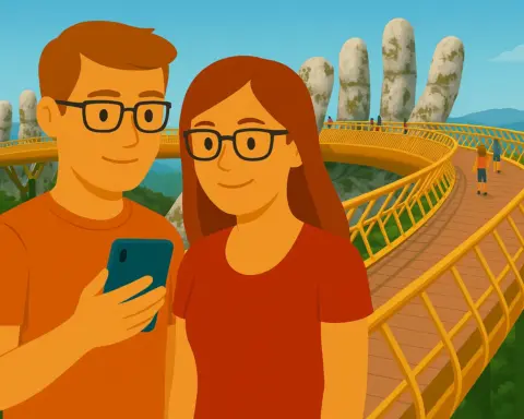 Pareja disfruta de cobertura móvil en Vietnam.