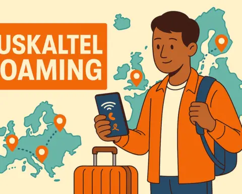 Ilustración plana 16:9 de un hombre con maleta y smartphone de Euskaltel mostrando la cobertura de datos mientras viaja sobre un fondo rojo con iconos de mapa de Europa y señal móvil