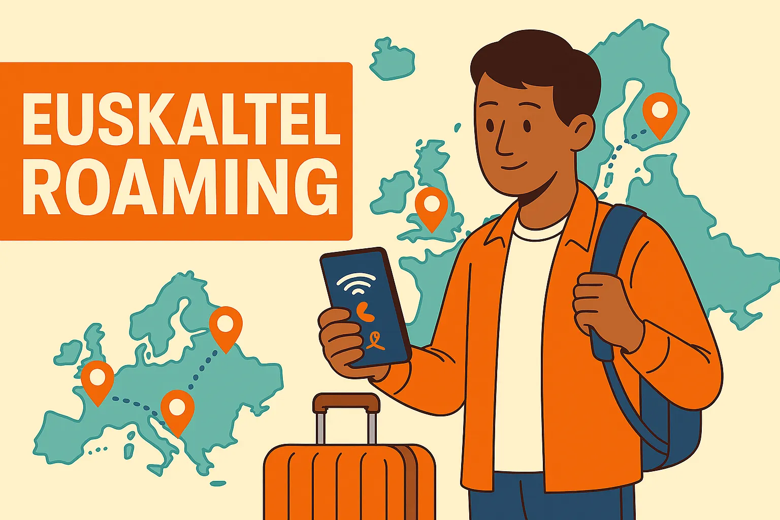 Ilustración plana 16:9 de un hombre con maleta y smartphone de Euskaltel mostrando la cobertura de datos mientras viaja sobre un fondo rojo con iconos de mapa de Europa y señal móvil