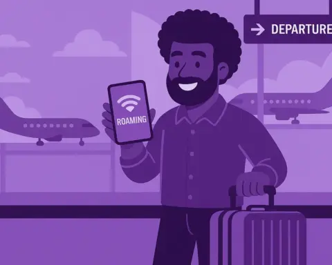 Un hombre con pelo afro y barba está de pie en un aeropuerto, junto a su maleta. Sostiene su teléfono mostrando el indicador de “Roaming” mientras sonríe, y al fondo se ve un avión a través del gran ventanal y un cartel de “Departures”. Todo está en una paleta monocromática violeta para evocar la identidad de Finetwork, con líneas limpias y formas sencillas que transmiten modernidad y tranquilidad.