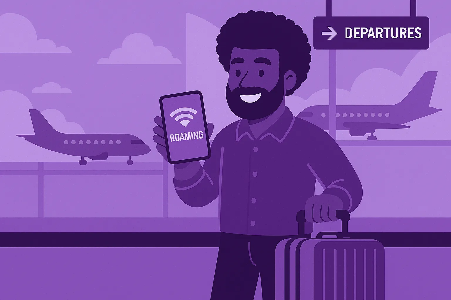 Un hombre con pelo afro y barba está de pie en un aeropuerto, junto a su maleta. Sostiene su teléfono mostrando el indicador de “Roaming” mientras sonríe, y al fondo se ve un avión a través del gran ventanal y un cartel de “Departures”. Todo está en una paleta monocromática violeta para evocar la identidad de Finetwork, con líneas limpias y formas sencillas que transmiten modernidad y tranquilidad.