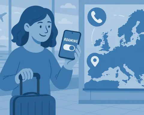 Esta ilustración en tonos azulados muestra a una mujer joven en un aeropuerto, sosteniendo su maleta con una mano y el teléfono móvil en la otra, donde se ve que ha activado el roaming de Lebara. A su lado, un mapa de Europa con iconos de llamadas y datos indica su cobertura de red mientras espera embarcar.