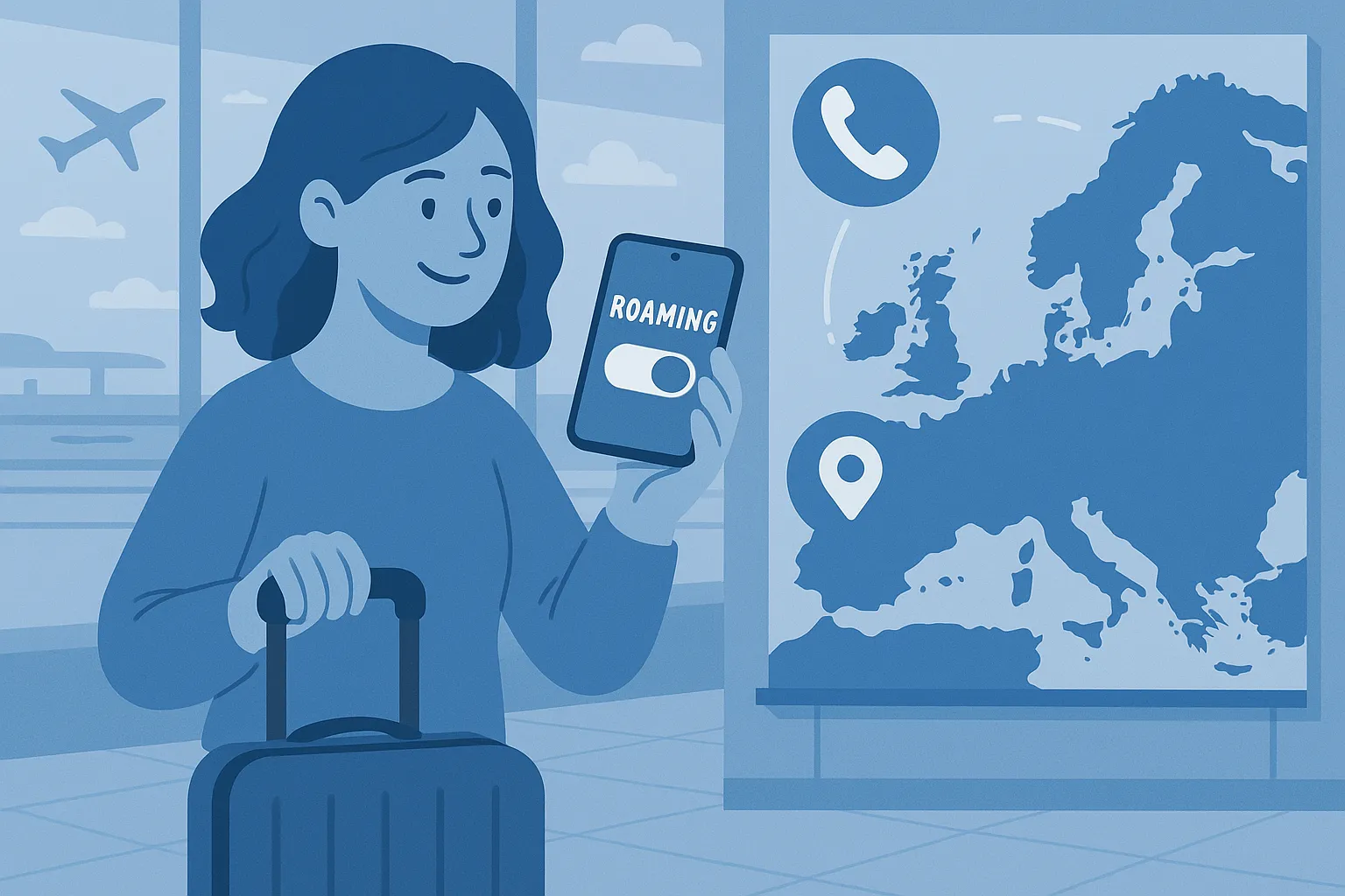 Esta ilustración en tonos azulados muestra a una mujer joven en un aeropuerto, sosteniendo su maleta con una mano y el teléfono móvil en la otra, donde se ve que ha activado el roaming de Lebara. A su lado, un mapa de Europa con iconos de llamadas y datos indica su cobertura de red mientras espera embarcar.