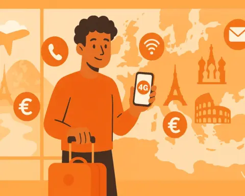 Hombre con maleta en aeropuerto sosteniendo el móvil para mostrar que activa el roaming de Mundo R, con iconos de datos, llamadas y mapa de Europa resaltando zonas de roaming en colores rojo y blanco de Mundo R.