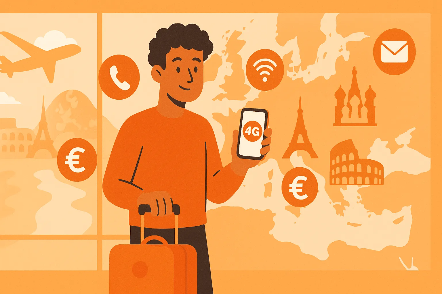 Hombre con maleta en aeropuerto sosteniendo el móvil para mostrar que activa el roaming de Mundo R, con iconos de datos, llamadas y mapa de Europa resaltando zonas de roaming en colores rojo y blanco de Mundo R.