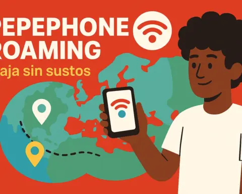 Ilustración plana horizontal 16:9 con fondo rojo Pepephone, texto ‘PEPEPHONE ROAMING’ en blanco y subtítulo ‘viaja sin sustos’ en amarillo. A la derecha, un hombre de piel oscura con cabello afro sosteniendo un smartphone con símbolo de WiFi en pantalla, delante de un mapa simplificado de Europa en verde azulado con marcadores de ubicación y una ruta punteada.