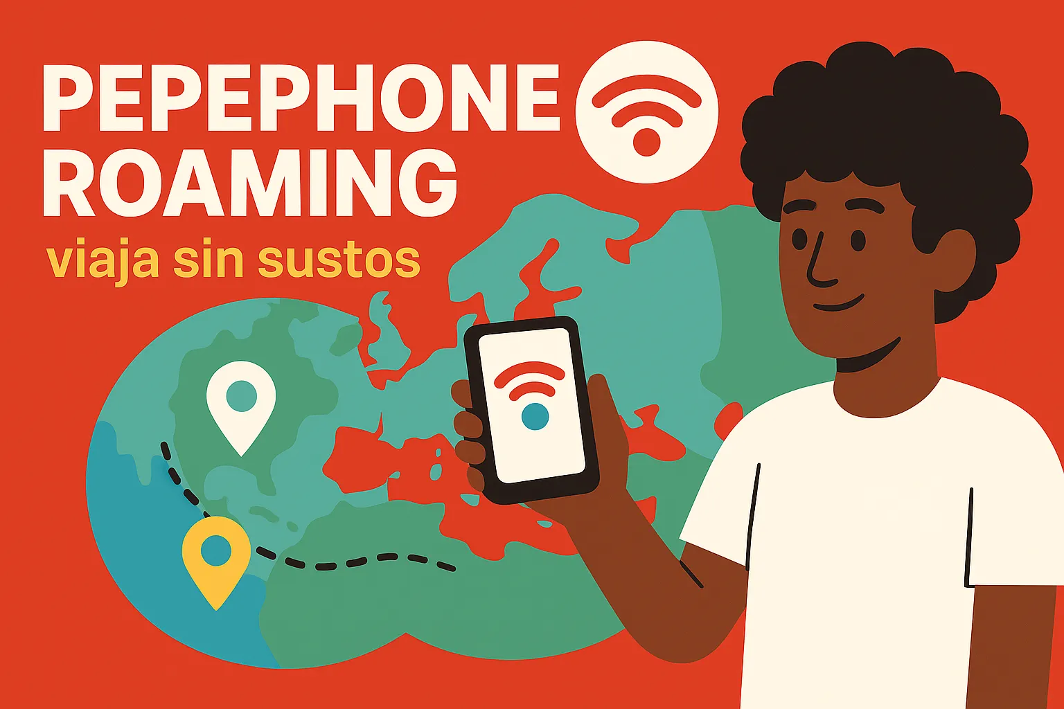 Ilustración plana horizontal 16:9 con fondo rojo Pepephone, texto ‘PEPEPHONE ROAMING’ en blanco y subtítulo ‘viaja sin sustos’ en amarillo. A la derecha, un hombre de piel oscura con cabello afro sosteniendo un smartphone con símbolo de WiFi en pantalla, delante de un mapa simplificado de Europa en verde azulado con marcadores de ubicación y una ruta punteada.