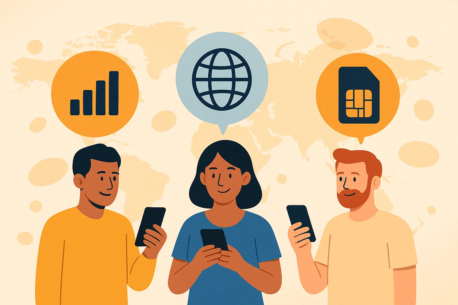 Tres personas comparando operadores móviles con roaming internacional