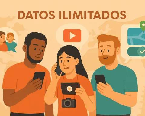 Tres viajeros usando datos ilimitados para videollamadas, mapas y vídeos en el extranjero