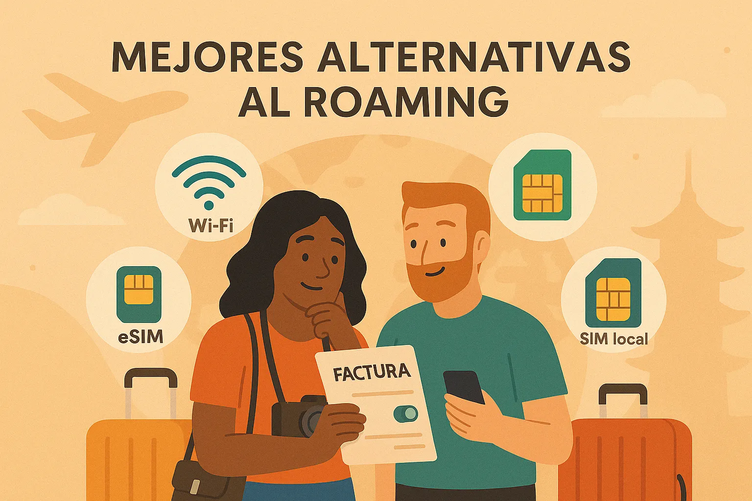 Viajeros valorando WiFi, eSIM y SIM local como mejores alternativas al roaming