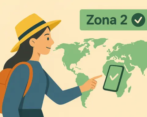 Mujer señalando un mapa del mundo, junto a un móvil con símbolo de verificación, representando la conexión en roaming internacional.